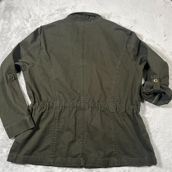 Coldwater Creek Collared Jacket Women 14P Army Green Cinch Waist Roll Tab Sleeve - Picture 2 of 10